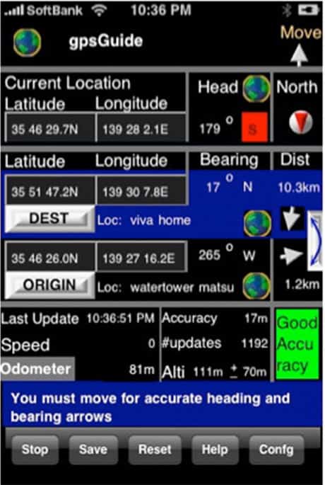 A photo of a poorly desiged iOS GPS app which has all of the UI elements crammed together