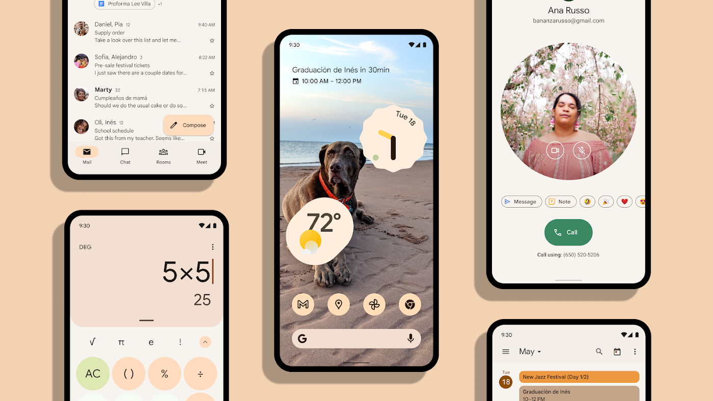 A photo showing different parts of the Material UI using an orange tint. Including the calculator, home screen, mail app, contact sheet, and calendar