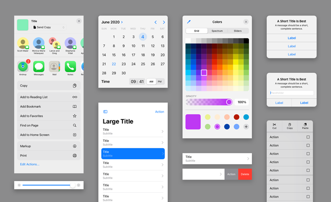 An image showing different parts of iOS UI floating on a gray background. Including the share sheet, date picker, navigation title, color picker, alert, form, and context menu